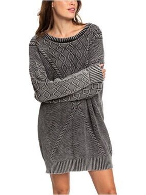 Roxy Snow Day Gray Cable-Knit Scoop Neck Sweater Dress